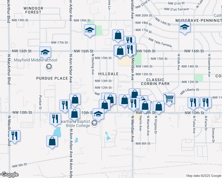 map of restaurants, bars, coffee shops, grocery stores, and more near 4604 Northwest 12th Street in Oklahoma City