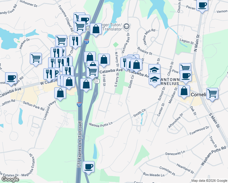 map of restaurants, bars, coffee shops, grocery stores, and more near 19600 South Ferry Street in Cornelius