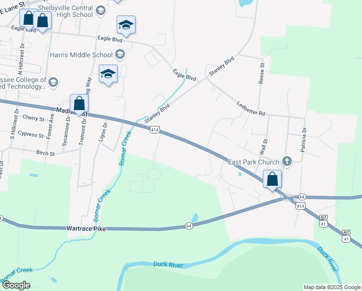 map of restaurants, bars, coffee shops, grocery stores, and more near 1814 Madison Street in Shelbyville