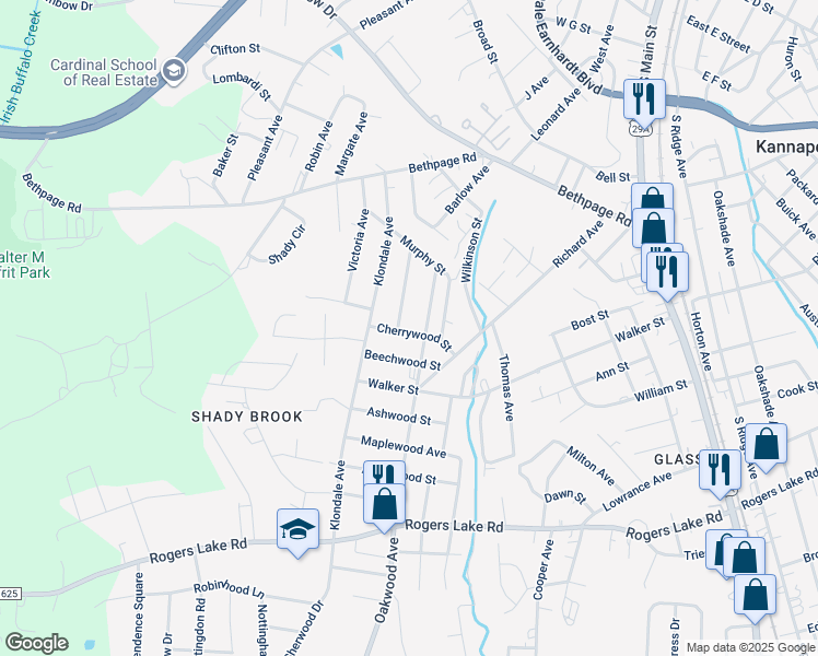 map of restaurants, bars, coffee shops, grocery stores, and more near Longview Avenue in Kannapolis