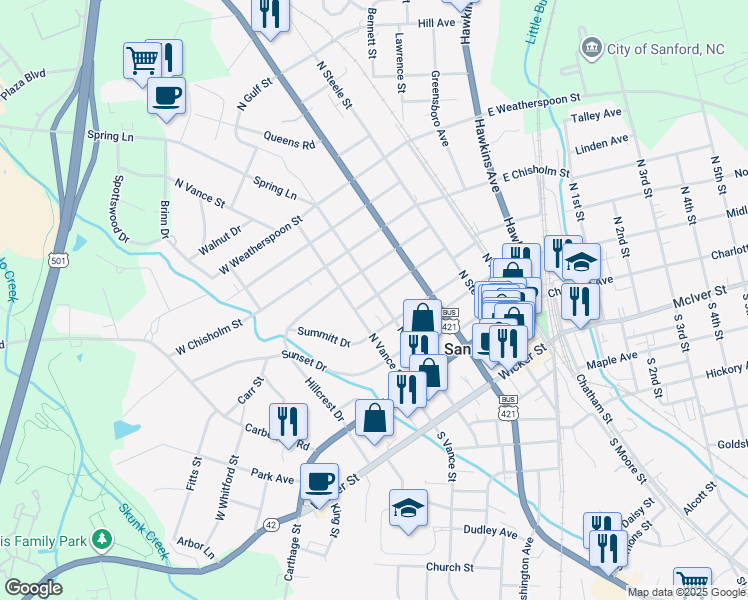 map of restaurants, bars, coffee shops, grocery stores, and more near 223 North Gulf Street in Sanford