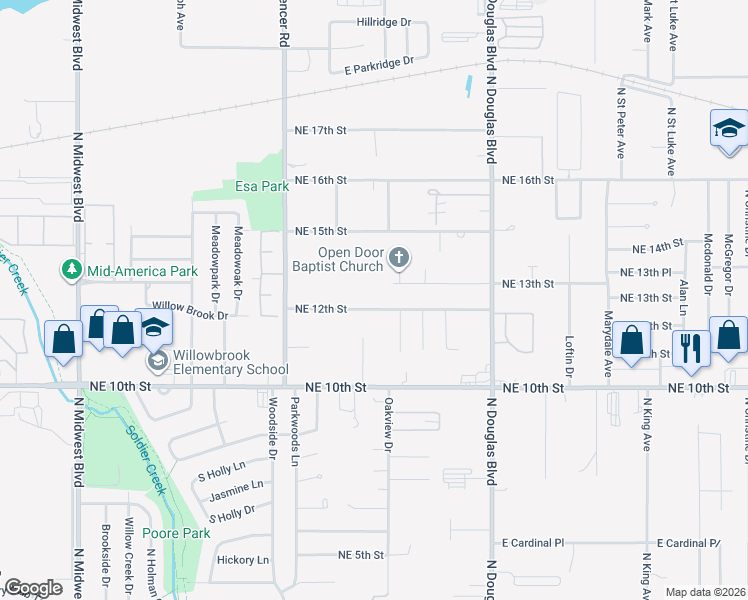 map of restaurants, bars, coffee shops, grocery stores, and more near 8736 Northeast 12th Street in Midwest City