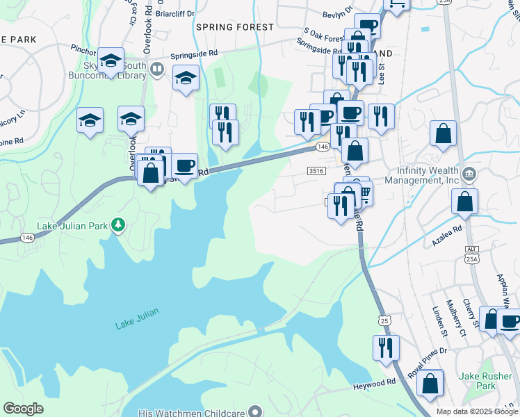 map of restaurants, bars, coffee shops, grocery stores, and more near 32 Atkins Street in Arden