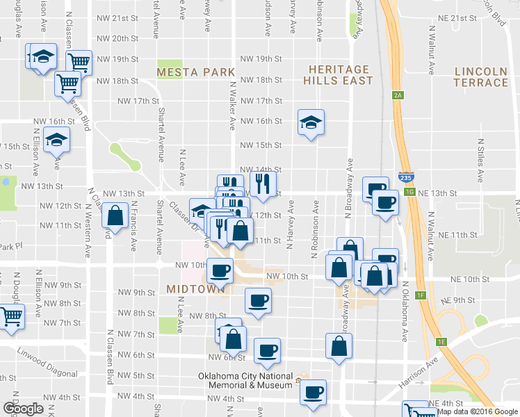 map of restaurants, bars, coffee shops, grocery stores, and more near 406 Northwest 12th Street in Oklahoma City