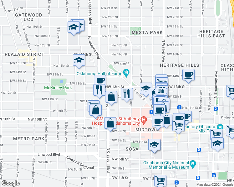 map of restaurants, bars, coffee shops, grocery stores, and more near 900 Northwest 12th Street in Oklahoma City