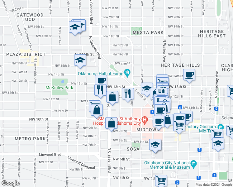 map of restaurants, bars, coffee shops, grocery stores, and more near 900 Northwest 12th Street in Oklahoma City