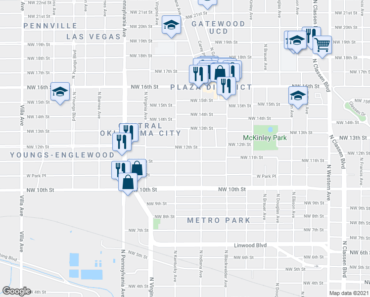map of restaurants, bars, coffee shops, grocery stores, and more near 1817 Northwest 11th Street in Oklahoma City