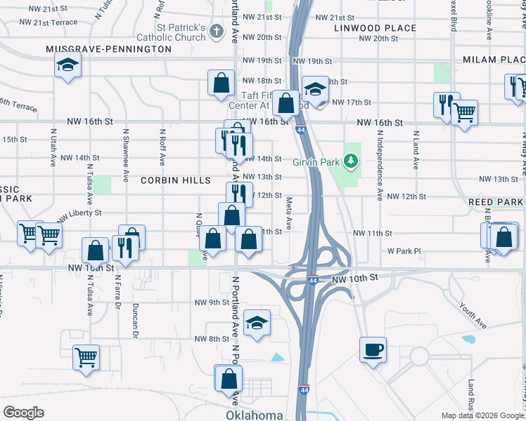 map of restaurants, bars, coffee shops, grocery stores, and more near 1208 Saint Clair Avenue in Oklahoma City
