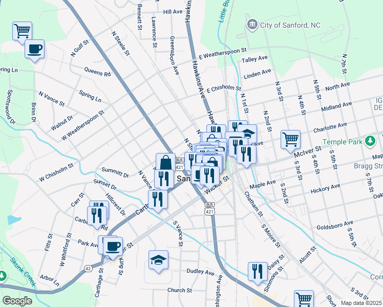 map of restaurants, bars, coffee shops, grocery stores, and more near 204 St Clair Ct in Sanford