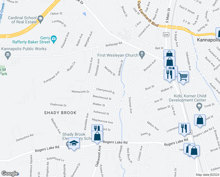 map of restaurants, bars, coffee shops, grocery stores, and more near 919 Oakwood Avenue in Kannapolis