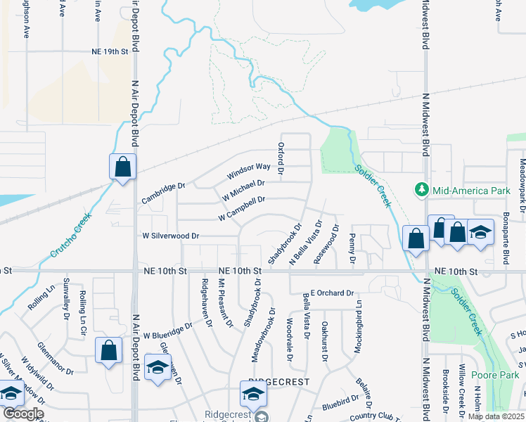 map of restaurants, bars, coffee shops, grocery stores, and more near 209 West Shadywood Drive in Midwest City