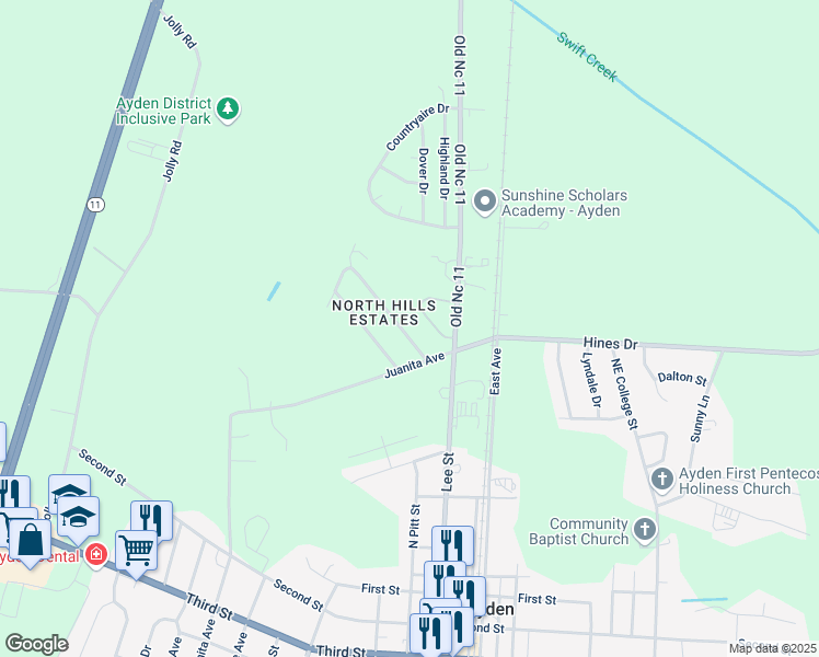 map of restaurants, bars, coffee shops, grocery stores, and more near 3919 North Hills Drive in Ayden