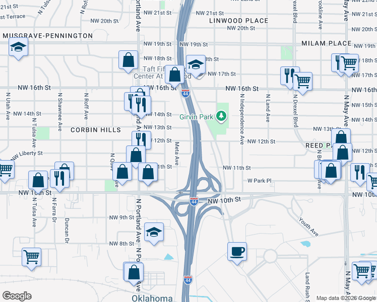 map of restaurants, bars, coffee shops, grocery stores, and more near 3501 Northwest Liberty Street in Oklahoma City