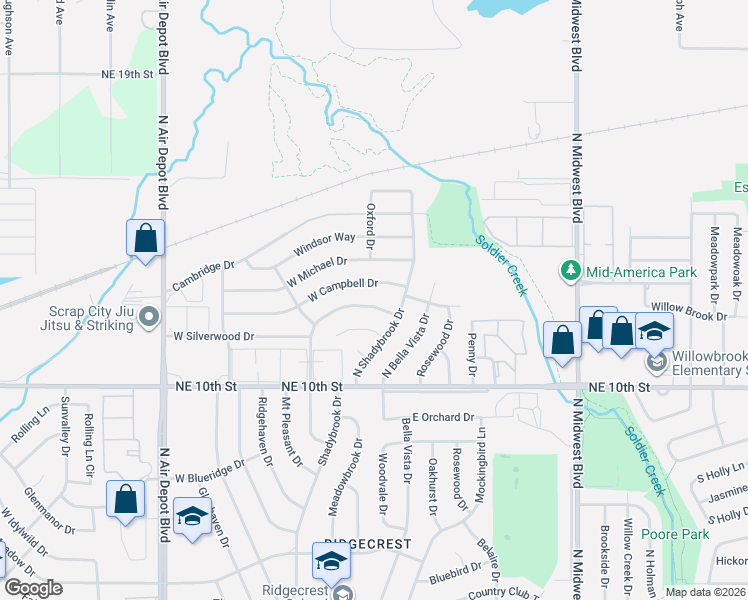 map of restaurants, bars, coffee shops, grocery stores, and more near 211 Shadybrook Place in Midwest City