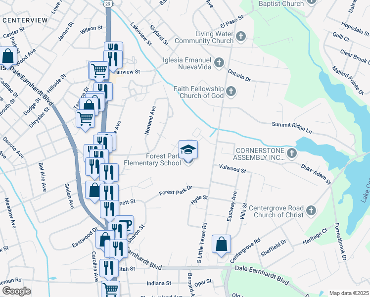 map of restaurants, bars, coffee shops, grocery stores, and more near 1065 Ridgeway Drive in Kannapolis