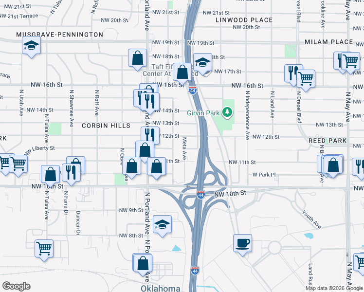 map of restaurants, bars, coffee shops, grocery stores, and more near 1208 North Saint Clair Avenue in Oklahoma City
