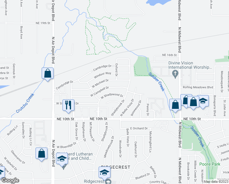 map of restaurants, bars, coffee shops, grocery stores, and more near 201 West Shadywood Drive in Midwest City