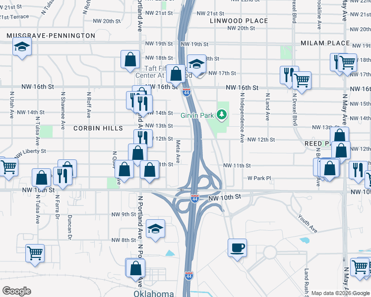 map of restaurants, bars, coffee shops, grocery stores, and more near 3508 Northwest Liberty Street in Oklahoma City