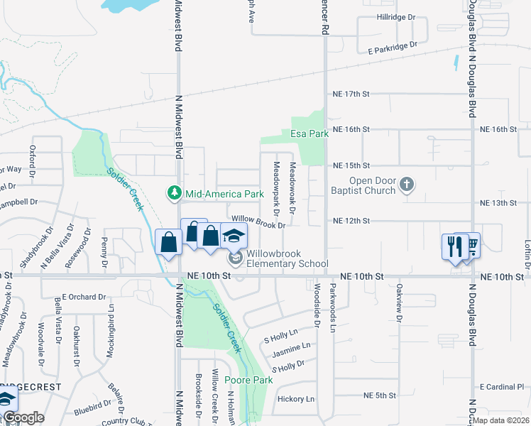 map of restaurants, bars, coffee shops, grocery stores, and more near 1012 Willow Brook Drive in Midwest City