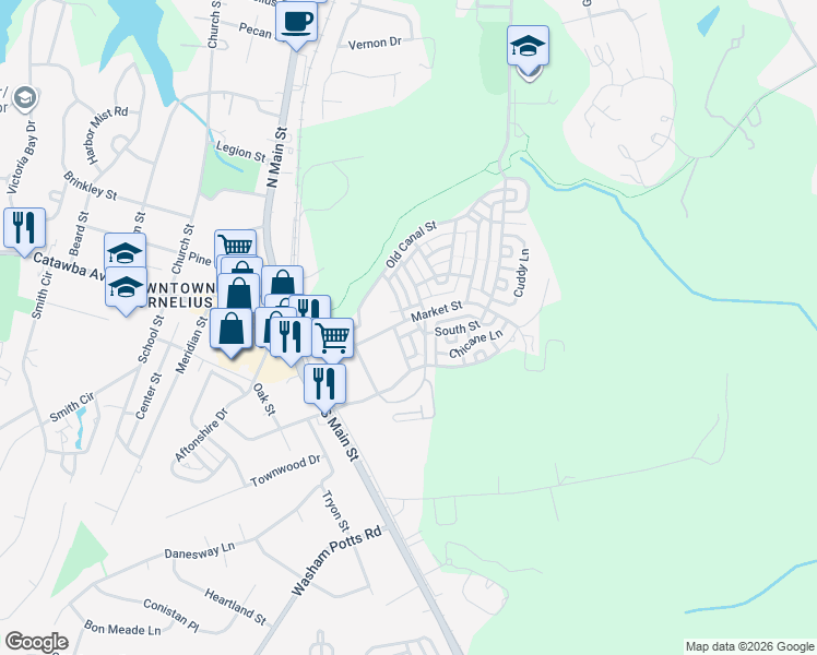 map of restaurants, bars, coffee shops, grocery stores, and more near 20126 Lamp Lighters Way in Cornelius