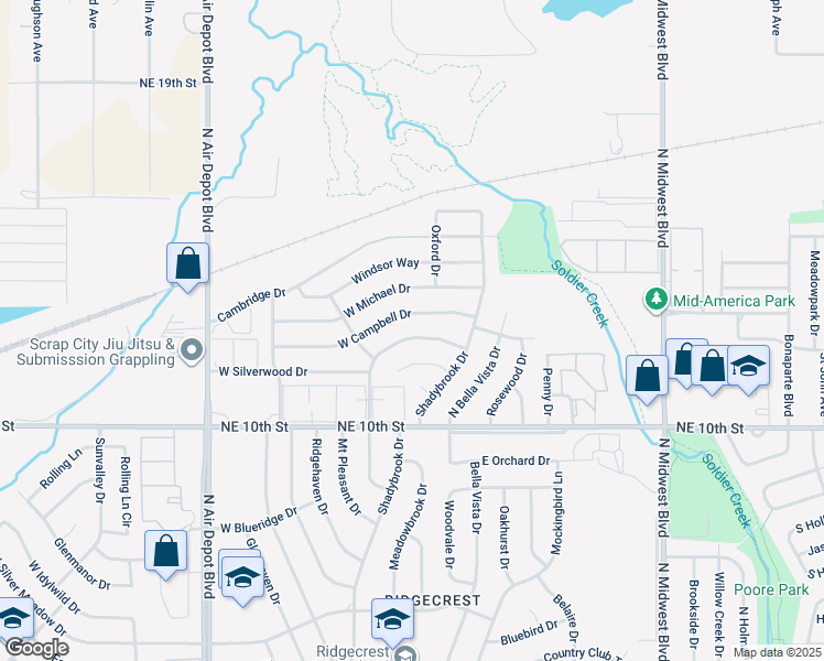 map of restaurants, bars, coffee shops, grocery stores, and more near 211 Shadybrook Place in Midwest City