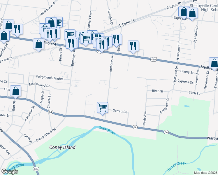 map of restaurants, bars, coffee shops, grocery stores, and more near 241 Anthony Lane in Shelbyville