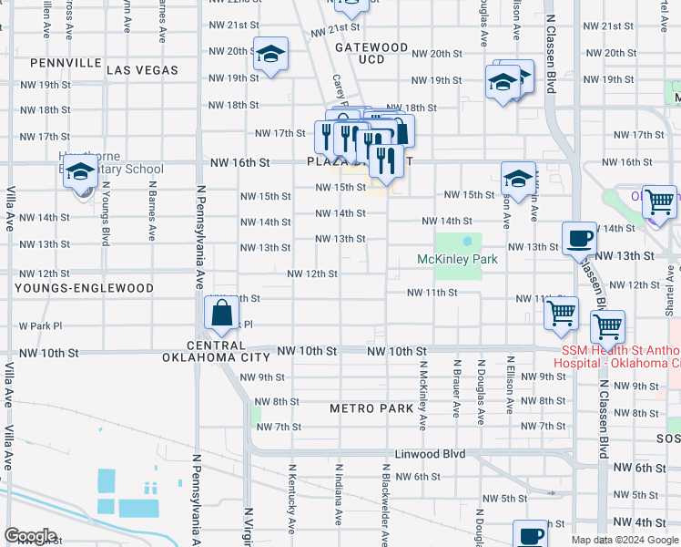 map of restaurants, bars, coffee shops, grocery stores, and more near NW 12th St & N Indiana Ave in Oklahoma City