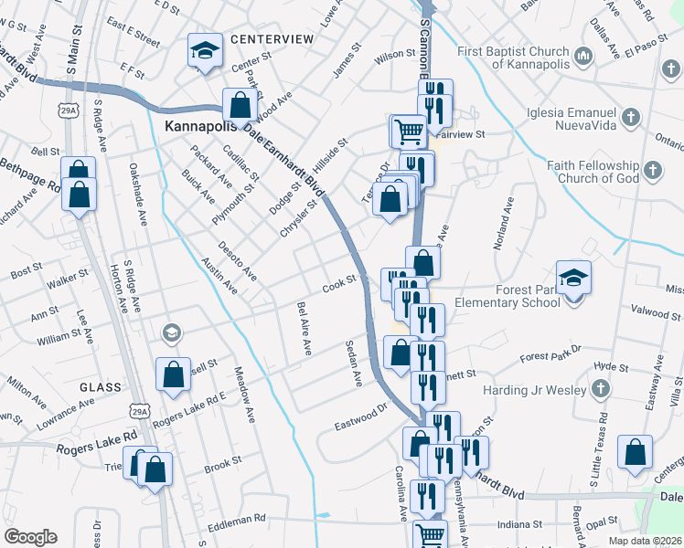map of restaurants, bars, coffee shops, grocery stores, and more near 1748 Dale Earnhardt Boulevard in Kannapolis