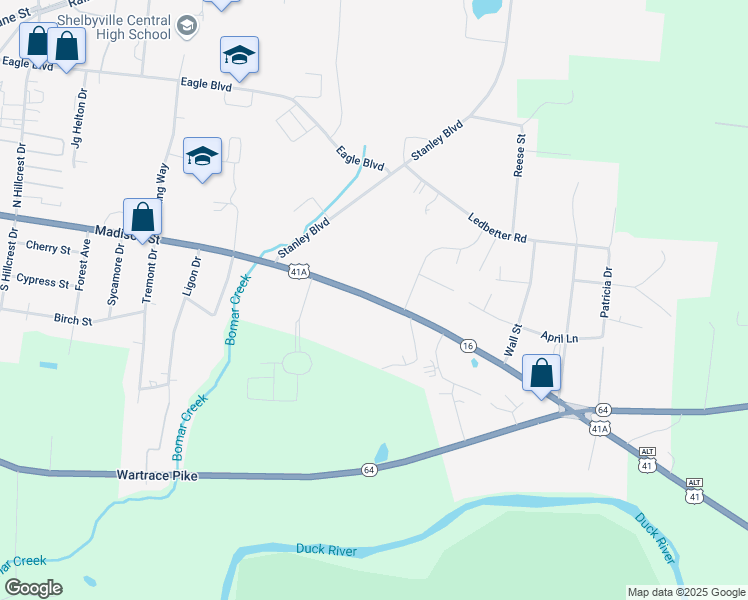 map of restaurants, bars, coffee shops, grocery stores, and more near 1814-1856 Madison Street in Shelbyville