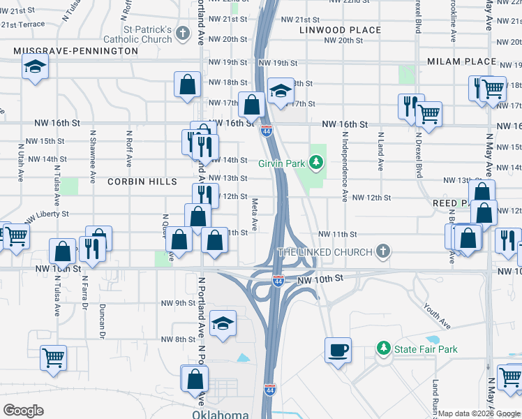 map of restaurants, bars, coffee shops, grocery stores, and more near 3508 Northwest Liberty Street in Oklahoma City