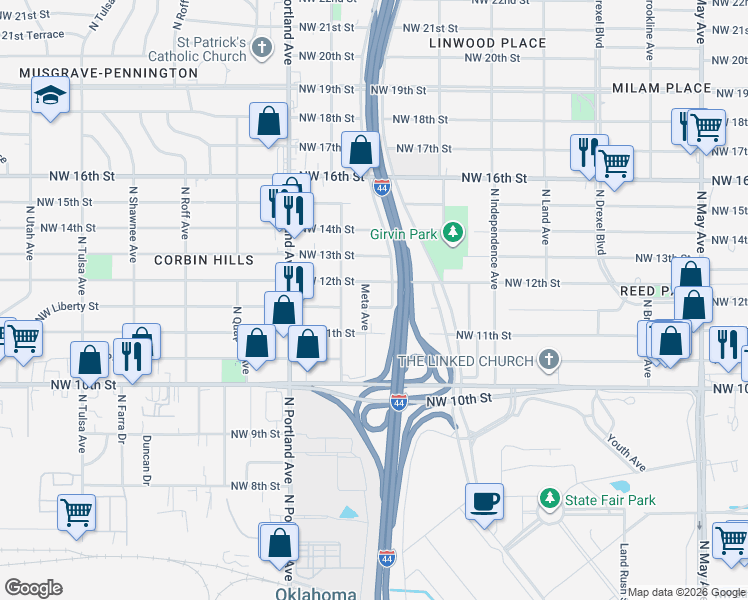 map of restaurants, bars, coffee shops, grocery stores, and more near 3508 Northwest Liberty Street in Oklahoma City