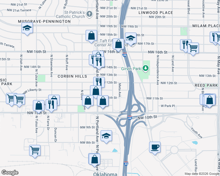 map of restaurants, bars, coffee shops, grocery stores, and more near 1208 North Saint Clair Avenue in Oklahoma City