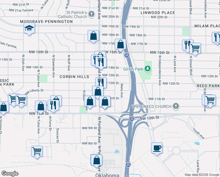map of restaurants, bars, coffee shops, grocery stores, and more near 3629 Northwest 11th Street in Oklahoma City