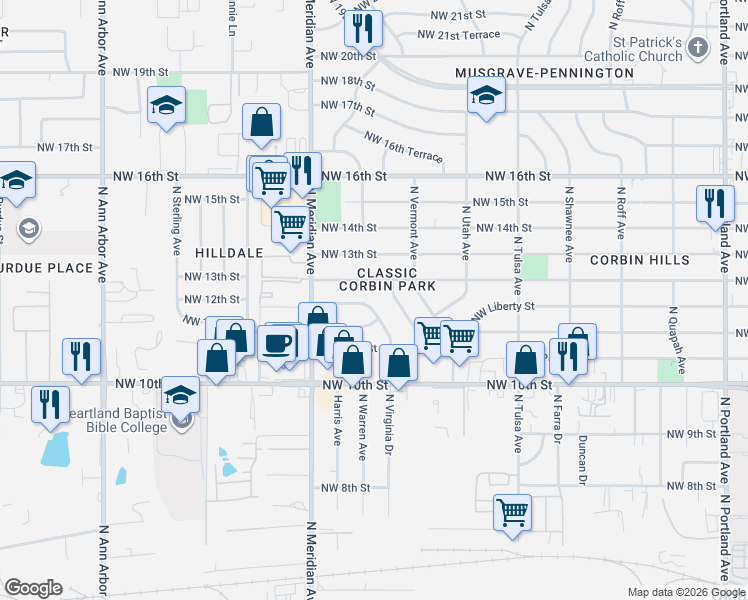 map of restaurants, bars, coffee shops, grocery stores, and more near 4409 Northwest 11th Terrace in Oklahoma City