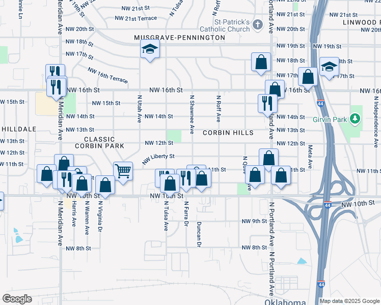 map of restaurants, bars, coffee shops, grocery stores, and more near 4001 NW Liberty St in Oklahoma City