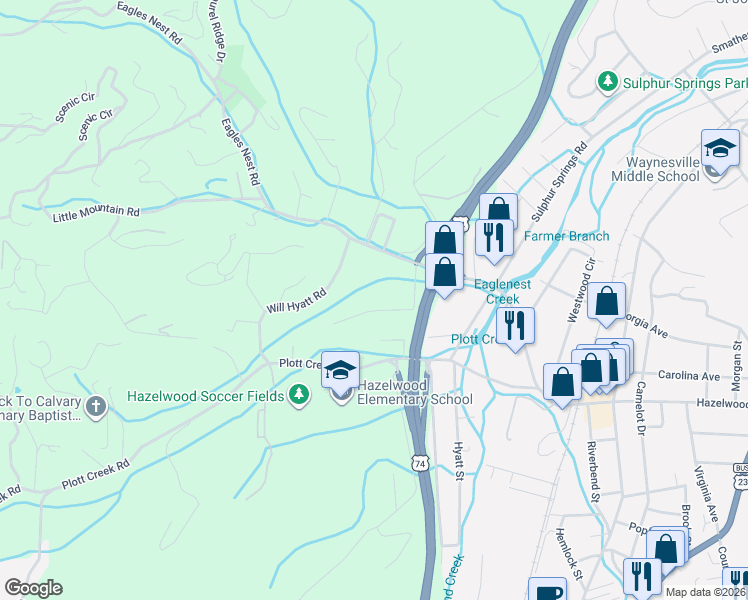 map of restaurants, bars, coffee shops, grocery stores, and more near 190 Valley View Terrace in Waynesville