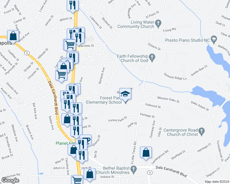 map of restaurants, bars, coffee shops, grocery stores, and more near 200 South Little Texas Road in Kannapolis