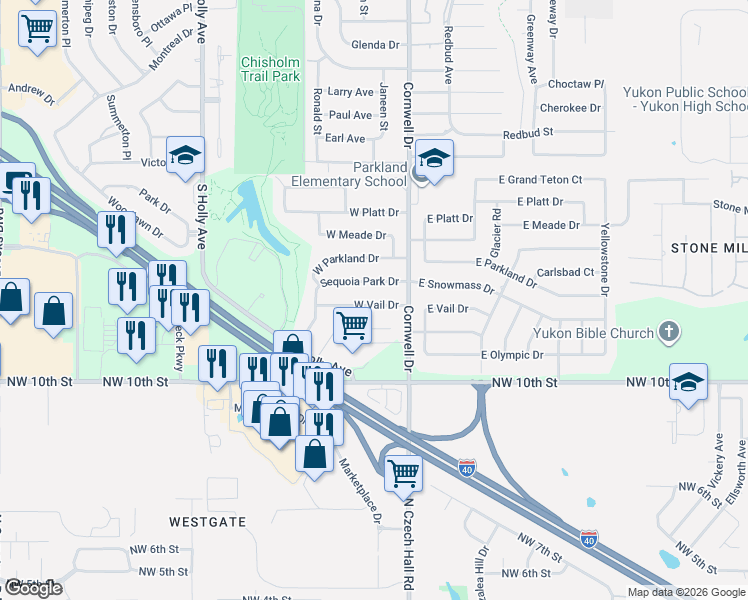 map of restaurants, bars, coffee shops, grocery stores, and more near 129 Sequoia Park Drive in Yukon