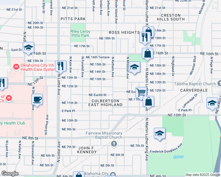 map of restaurants, bars, coffee shops, grocery stores, and more near 1628 Northeast 12th Street in Oklahoma City