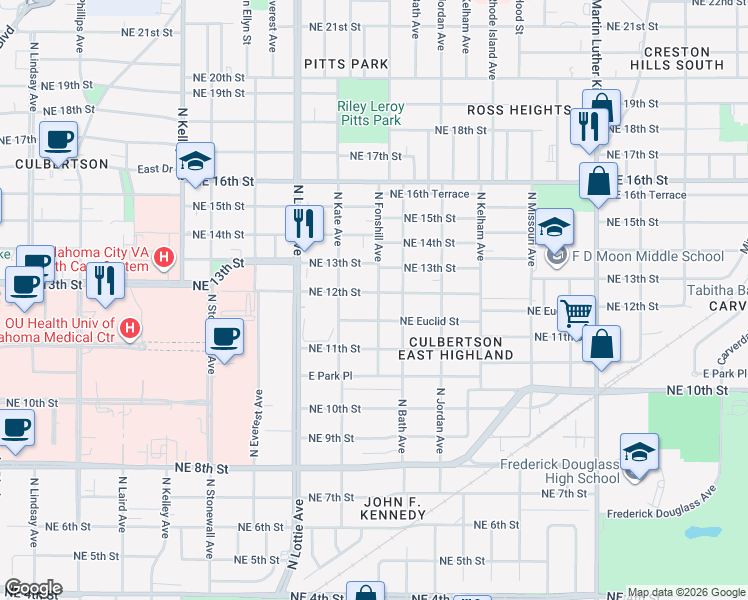map of restaurants, bars, coffee shops, grocery stores, and more near 1429 Northeast 12th Street in Oklahoma City