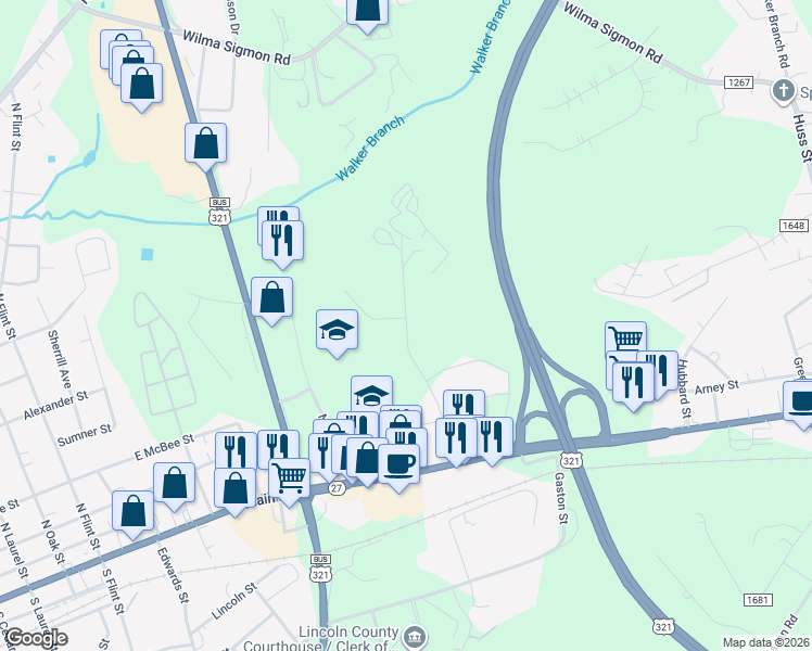map of restaurants, bars, coffee shops, grocery stores, and more near 400 Roper Drive in Lincolnton