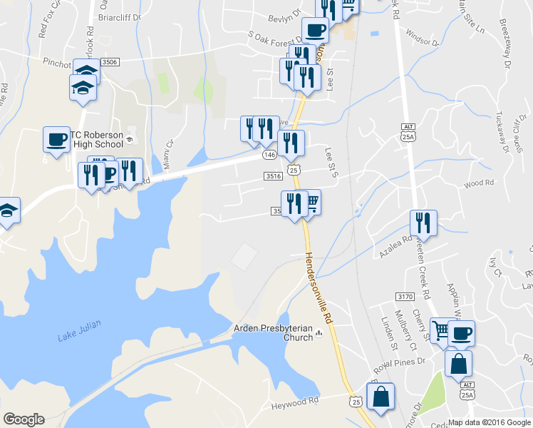 map of restaurants, bars, coffee shops, grocery stores, and more near 32 Atkins Street in Arden