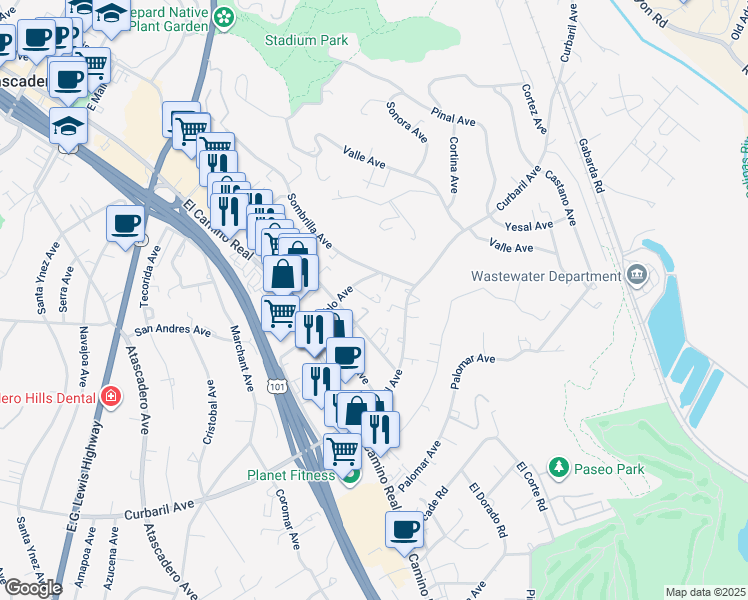 map of restaurants, bars, coffee shops, grocery stores, and more near 8950 Pueblo Avenue in Atascadero