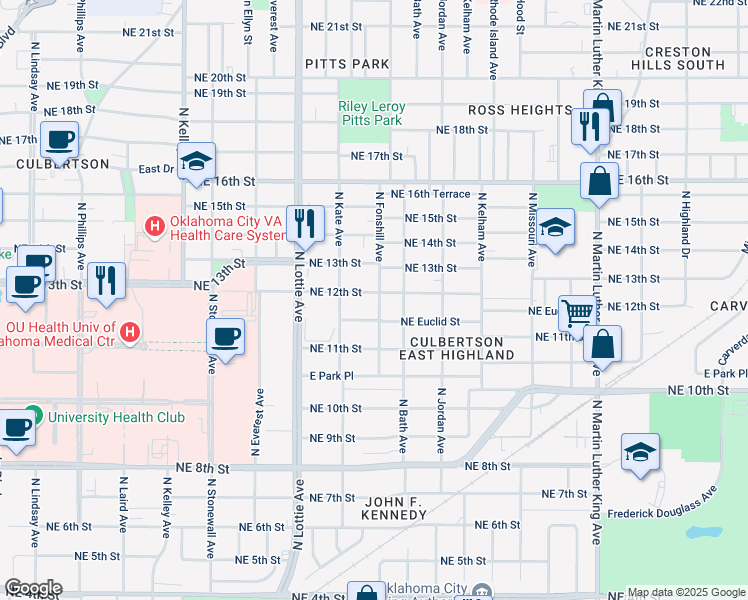 map of restaurants, bars, coffee shops, grocery stores, and more near 1432 Northeast 12th Street in Oklahoma City