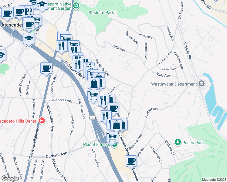 map of restaurants, bars, coffee shops, grocery stores, and more near 7465 Santa Ysabel Avenue in Atascadero