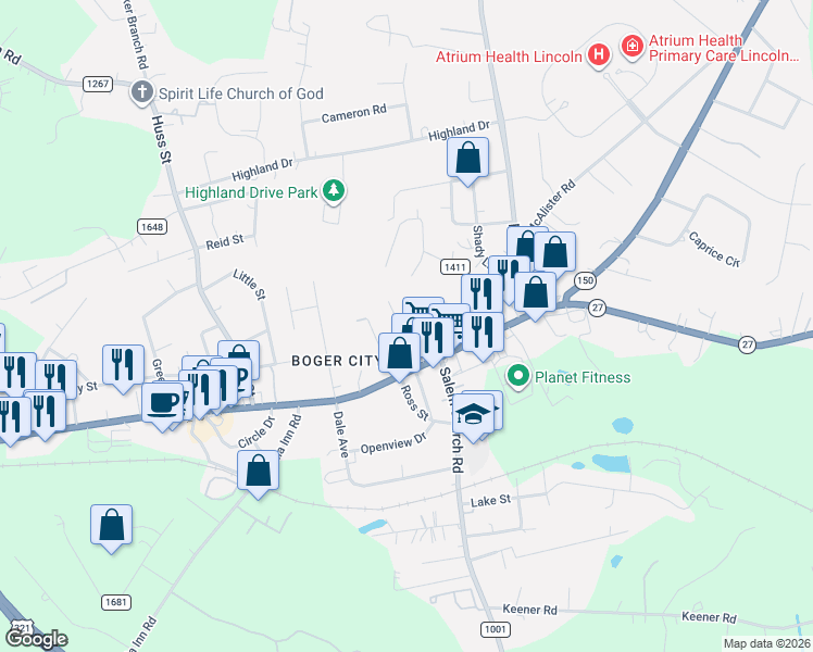 map of restaurants, bars, coffee shops, grocery stores, and more near 170 Drum Street in Lincolnton