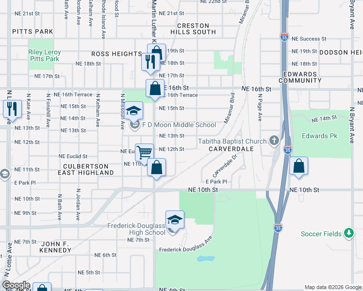 map of restaurants, bars, coffee shops, grocery stores, and more near 2104 Northeast 13th Street in Oklahoma City