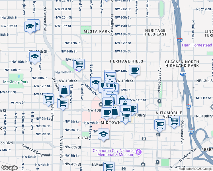 map of restaurants, bars, coffee shops, grocery stores, and more near 525 Northwest 13th Street in Oklahoma City