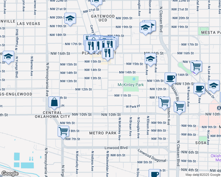 map of restaurants, bars, coffee shops, grocery stores, and more near 1317 North Blackwelder Avenue in Oklahoma City