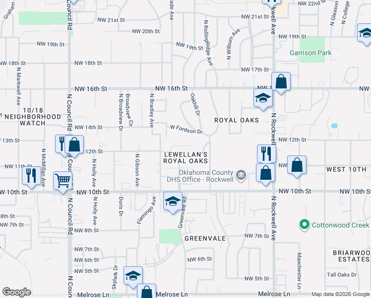 map of restaurants, bars, coffee shops, grocery stores, and more near 7505 Northwest 12th Street in Oklahoma City